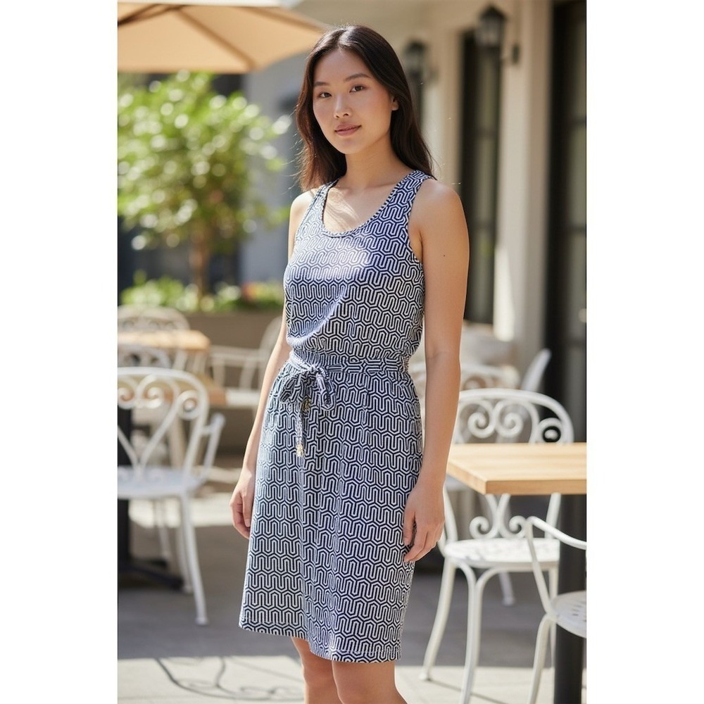 Mud Pie Dress Womens Sz M Navy White Geometric Sleeveless Drawstring lightweight